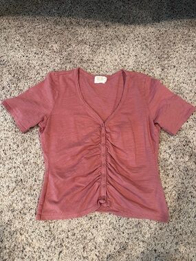 Nation LTD Dusty Rose Ruched Button-Front V-Neck Short Sleeve Top